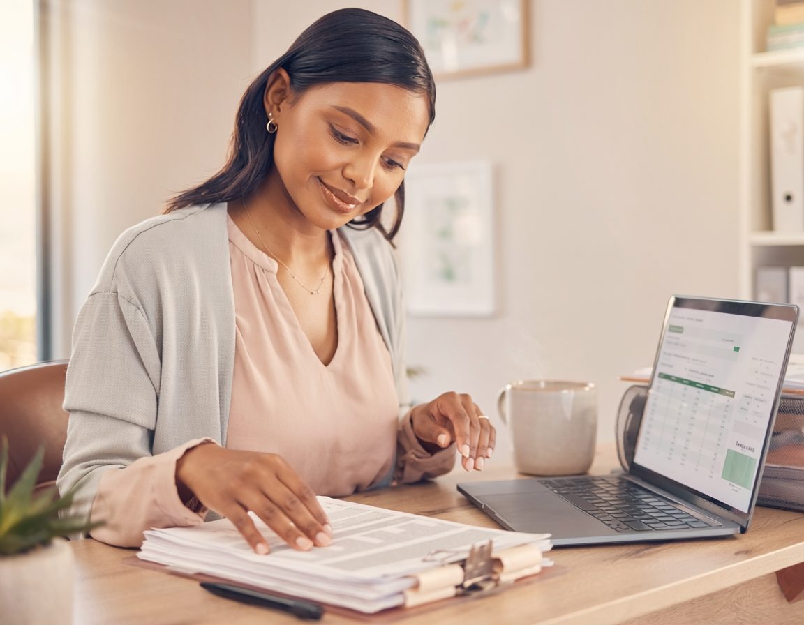 A nonprofit finance lead reviewing the books at a desk.