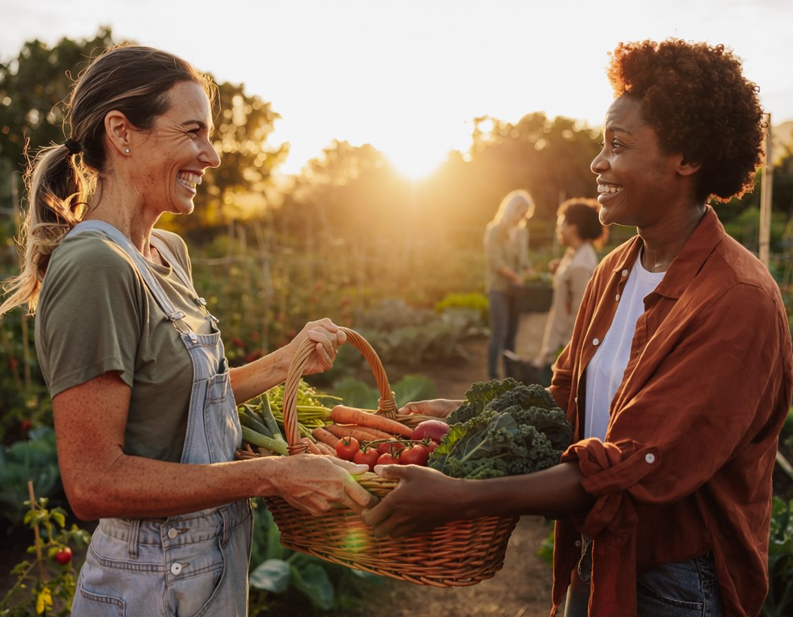 A volunteer sharing fresh produce with a community member at sunset.