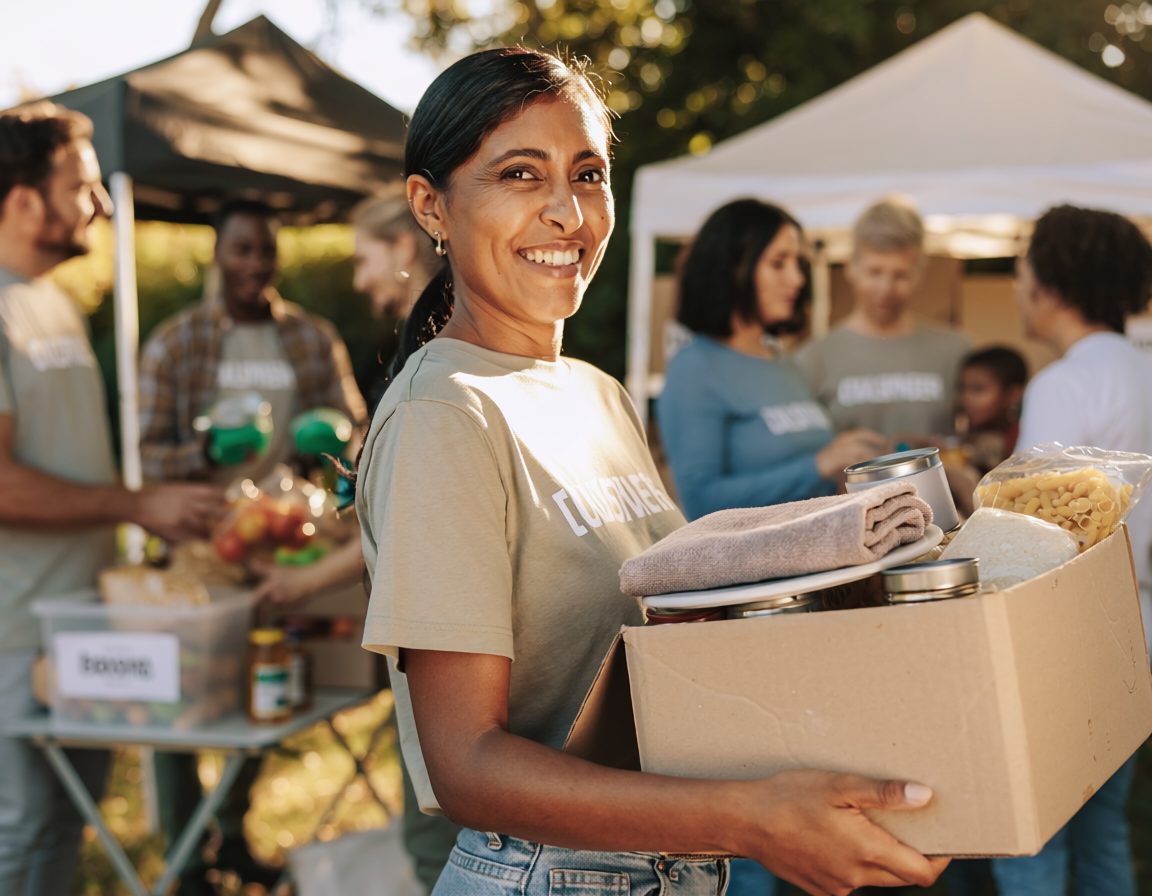 A volunteer smiling while handing out lunches at a community event.